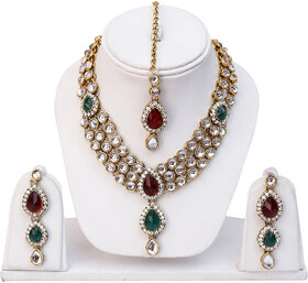 Lucky Jewellery 3 Line Kundan Set Maroon Green Colour (MSK-3-LINE-MG)