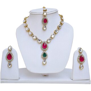 Lucky Jewellery Magenta Green Kundan Double Loucket Set (MSK-1-LINE2-RG)