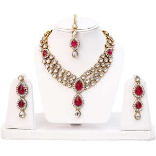 Lucky Jewellery 3 Line Kundan Set Magenta Colour (MSK-3-LINE-R)
