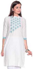White Embroidered Cotton 3/4th Sleeves Long Kurti
