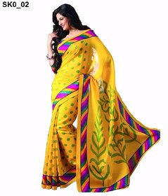 Meia Yellow Art Silk Block Print Saree With Blouse