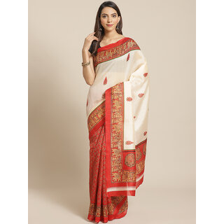 SVB Sarees Women's Cream and Red Printed Saree
