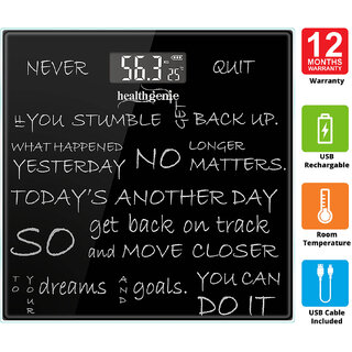 Healthgenie Rechargeable Digital Personal Weighing Scale for Human Body with Room Temperature Display-(Never Quit/Black)