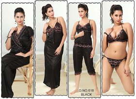 Womens Nightwear 6pc Bra Panty Top Capri Nighty Overcoat 618 black Sleep Set Bedroom Dress Fun Daily Lounge