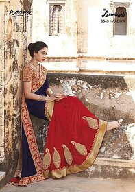Apsara Paradise Blue & Red Georgette Embroidered Saree With Blouse.