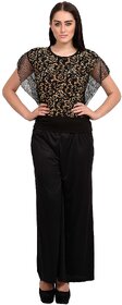 Rosytint Women's Black Golden Line Printed Shoulder Net Top