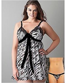 Sheer Babydoll Slip  Panty Spaghetti Nighty Bed Fun Bride Zebra Print Imported