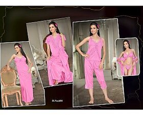 Daily Sleepwear Set 6pc Bra Panty Top Capri Nighty  Over Coat Hot Night Set Gurlz 624 Pink Night Dress Lounge Wear