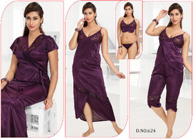 Daily Sleepwear Set 6pc Bra Panty Top Capri Nighty  Over Coat Hot Night Set Gurlz 624 Dark Wine Night Dress Lounge Wear