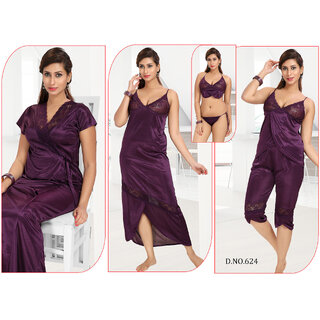 Daily Sleepwear Set 6pc Bra Panty Top Capri Nighty  Over Coat Hot Night Set Gurlz 624 Dark Wine Night Dress Lounge Wear