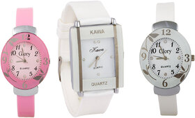 Glory Combo Of Three Watches- Pink And White Glory White Rectangular Dial Kawa Watch