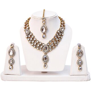 Lucky Jewellery 3-Line White Kundan  Set  With Mang Tika