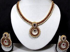Maroon Stone Pearl Polki Pendant Necklace Set