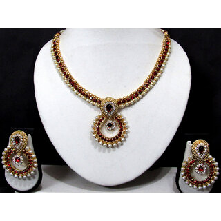 Maroon Stone Pearl Polki Pendant Necklace Set