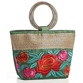 Aapno Rajasthan Green Raw silk Bucket Clutch (1 Pocket).