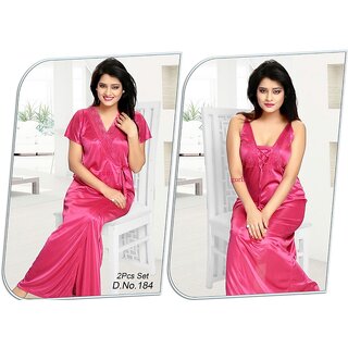 Womens Sleep Wear Set 2p Nighty Over Coat 184 Dark Pink Night Wear Gift Bed Gown and Robe Set Gurlz Hot Lounge