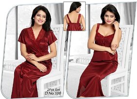 Womens Sleep Wear Set 2p Nighty Over Coat 186 Maroon Night Wear Gift Bed Gown and Robe Set Gurlz Hot Lounge