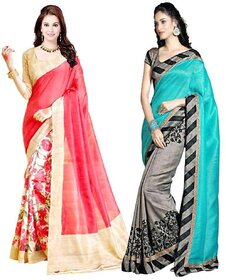 SVB Sarees Sarees Multicolour Bhagalpuri Silk Block Print Combo Of 2 ( With Blouse)