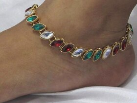 Maroon green kundan anklet