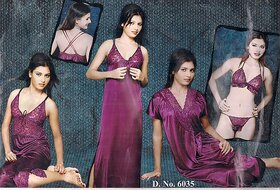 Womens 6pc Sleep Wear Bra Panty Sheer Top Capri Nighty  Over Coat 6039 Wine Fun