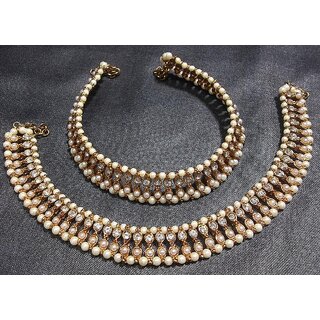 Golden moti and stone pearl double line anklet