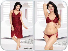 Sleep Wear set 3pc Bra Panty  Babydoll New Sheer Night Wear Fancy Bed Dress Honeymoon / Date Nightie 592 Maroon