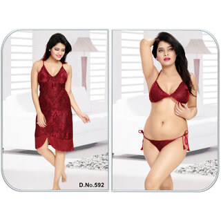 Sleep Wear set 3pc Bra Panty  Babydoll New Sheer Night Wear Fancy Bed Dress Honeymoon / Date Nightie 592 Maroon