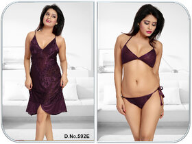 Sleep Wear set 3pc Bra Panty  Babydoll New Sheer Night Wear Fancy Bed Dress Honeymoon / Date Nightie 592E Dark Wine