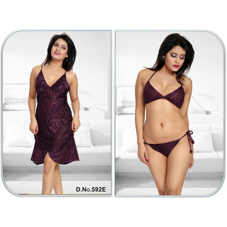 Sleep Wear set 3pc Bra Panty  Babydoll New Sheer Night Wear Fancy Bed Dress Honeymoon / Date Nightie 592E Dark Wine