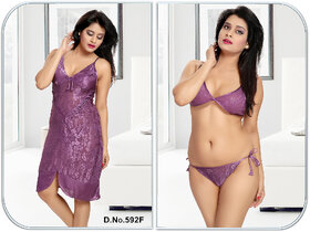 Sleep Wear set 3pc Bra Panty  Babydoll New Sheer Night Wear Fancy Bed Dress Honeymoon / Date Nightie 592F Ash Purple