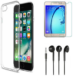 Samsung Galaxy J3 2016 Soft Transparent TPU Back Cover with 9H Tempered Glass and Noise Cancellation Earphones with Mic