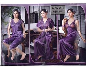 Womens Sleep Wear Set 4pc Top Capri Nighty  Over Coat Fancy Night Set Bed room Babydoll Satin Bed Set New Fun Lounge Wear A221 Wine / Voilet