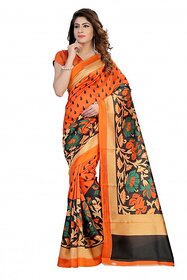 Meia Orange Bhagalpuri Silk Block Print Saree With Blouse