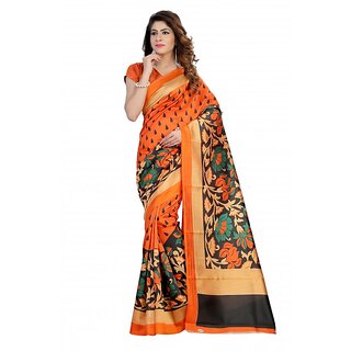 Meia Orange Bhagalpuri Silk Block Print Saree With Blouse