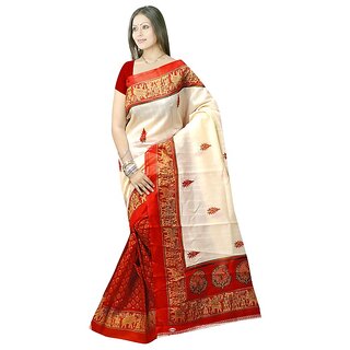 Meia Beige Bhagalpuri Silk Block Print Saree With Blouse
