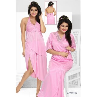 Womens 3pc Sleepwear Top Skirt  Over Coat 615D Pink Night Set Daily Lounge Wear Fun Babydoll Bed Dress