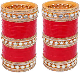 Lucky Jewellery Red Designer White Kundan  Golden Stone Bridal Chuda Fashion Punjabi Choora Wedding Chura Set.
