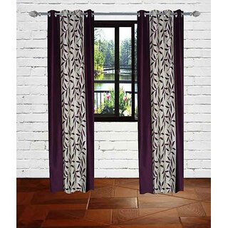 Purple Polyester Floral Eyelet Long Door Curtain - Pack of 2