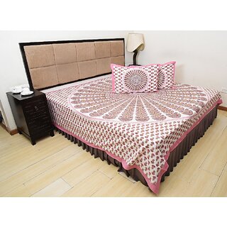 Bohomandala Hand Block Peacock Feather Cotton Double Bedsheet With 2 Pillow Covers - Pink