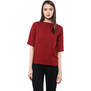 Miss Chase Women's Maroon Round Neck Half Sleeves Basic Solid/Plain Top