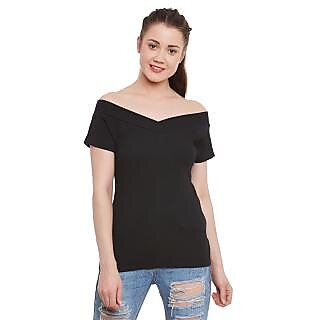 Miss Chase Women's Black V-Neck Half Sleeves Basic Solid/Plain Top