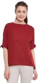 Miss Chase Women's Maroon Round Neck Half Sleeves Drawstring Tops Solid/Plain Top