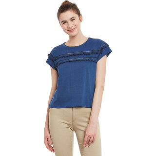 Miss Chase Women's Blue Round Neck Cap Sleeve Basic Solid/Plain Top