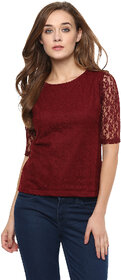 Miss Chase Women's Maroon Round Neck Half Sleeves Basic Solid/Plain Top