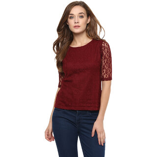 Miss Chase Women's Maroon Round Neck Half Sleeves Basic Solid/Plain Top