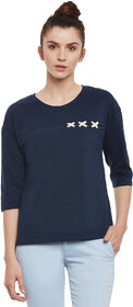 Miss Chase Women's Navy Round Neck 3/4th Sleeves Basic Solid/Plain Top.