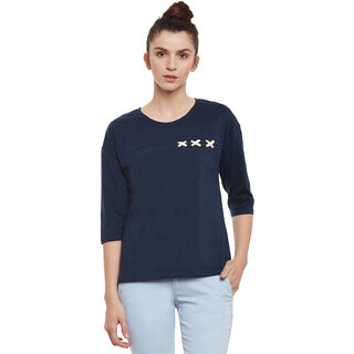 Miss Chase Women's Navy Round Neck 3/4th Sleeves Basic Solid/Plain Top.
