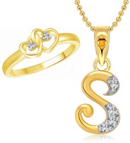 Vighnaharta Dual Heart Ring with Initial ''S'' Letter Pendant Gold and Rhodium Plated Jewellery Combo set