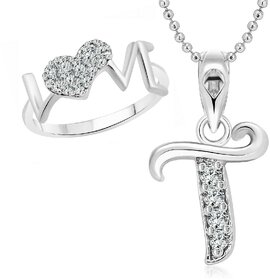 Vighnaharta LOVE Ring with Initial ''T'' Alphabet Pendant Rhodium Plated Jewellery Combo set.