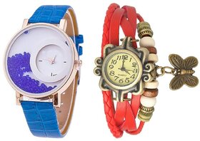 Star Glory Blue FreeMoving Diamond Leather  Red Trendy Analog Watch For Women Pack Of 2